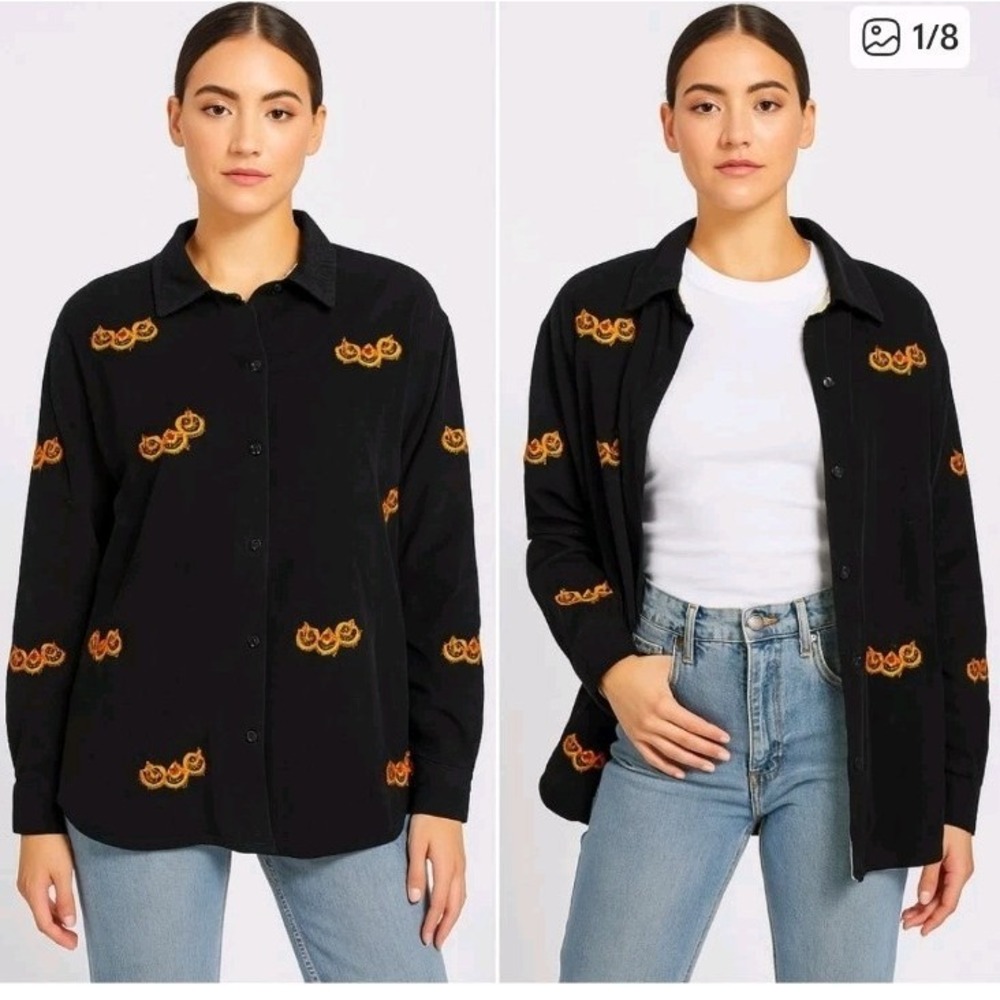 Quacker Factory Womens Small Corduroy Pumpkin Halloween Button Up Shirt Black